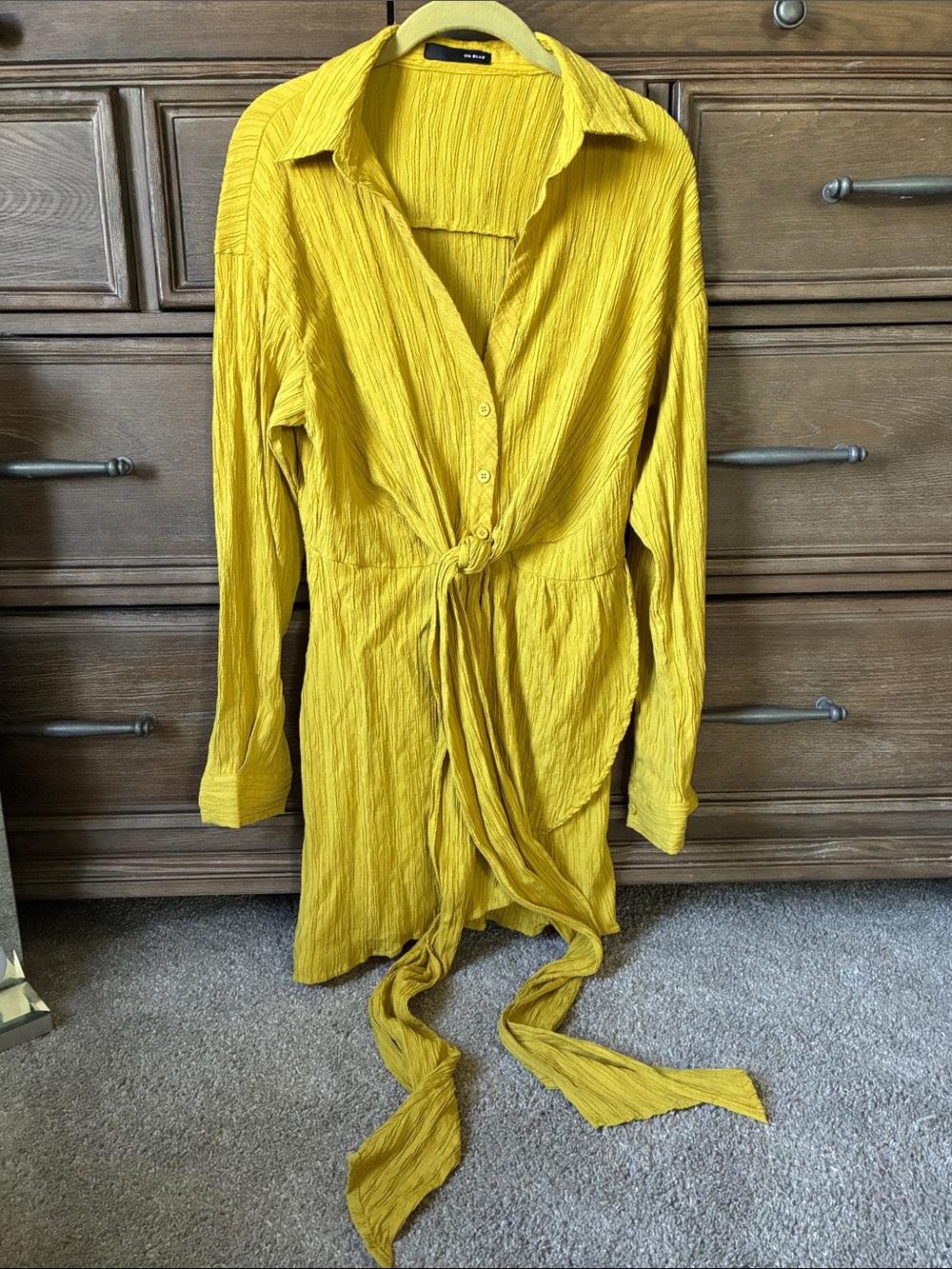 On Blue Yellow Textured Tie-Front Shirt Dress